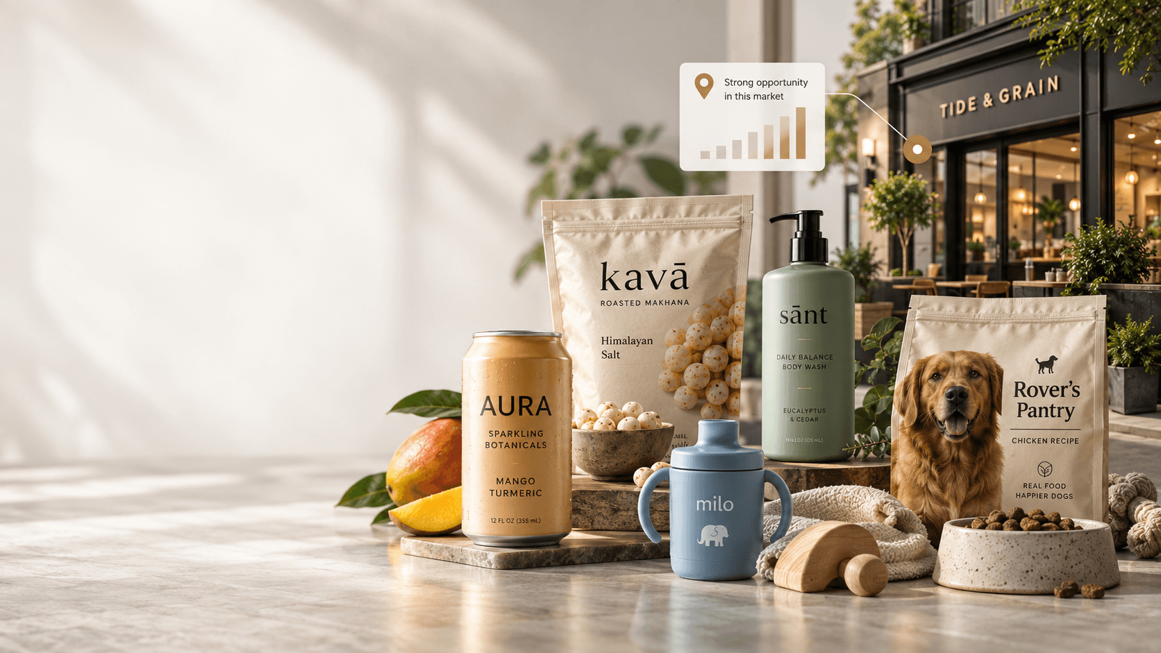 A row of physical products across categories Vantage covers — a sparkling botanicals drink, a snack pouch, a body wash, a dog food bag, a sippy cup — staged near a coffee shop storefront, with a callout reading 'Strong opportunity in this market.'